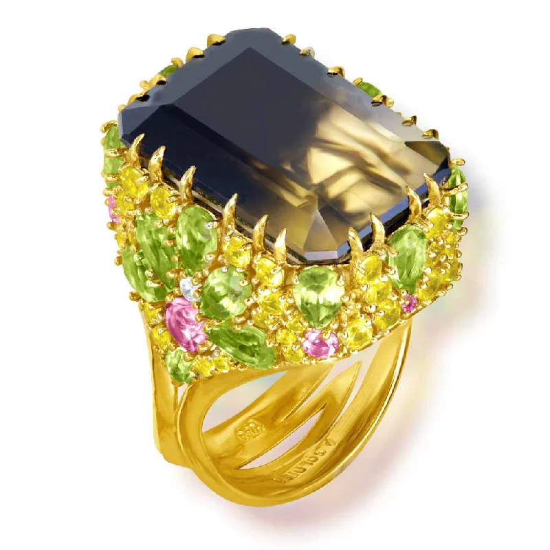 Tiny pearl rings-Gold Blossom Ring with Quartz, Peridot & Sapphire