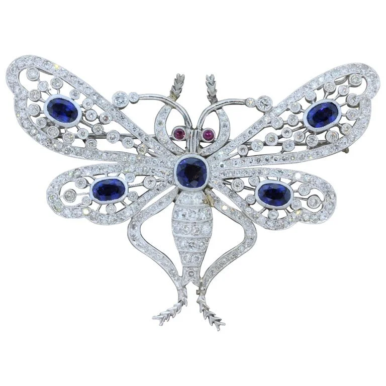 Antique charm brooch-Art Deco Diamond Sapphire Ruby Platinum Butterfly Brooch