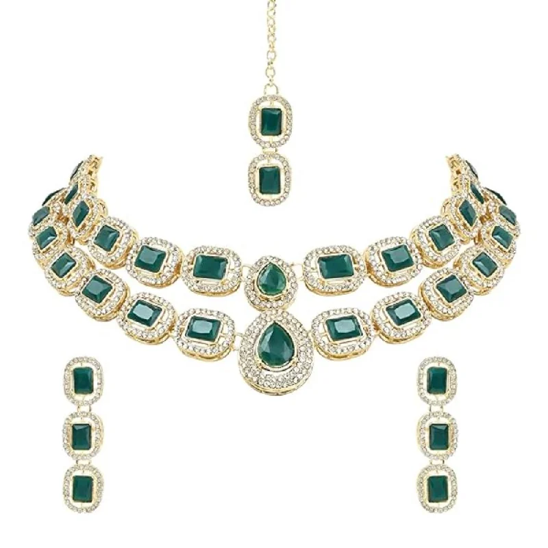 Retro charm necklaces-Etnico Gold Plated Traditional Stone Choker Necklace Jewellery With Earring & Maang Tikka Set For Women And Girls (Green)