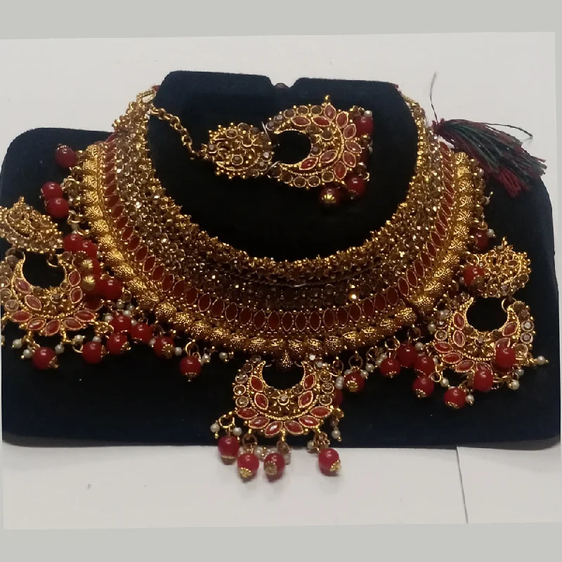 Braided link necklaces-Kumavat Jewels Gold Plated Kundan Stone And Beads Traditional Choker Necklace Set with Maang Tikka