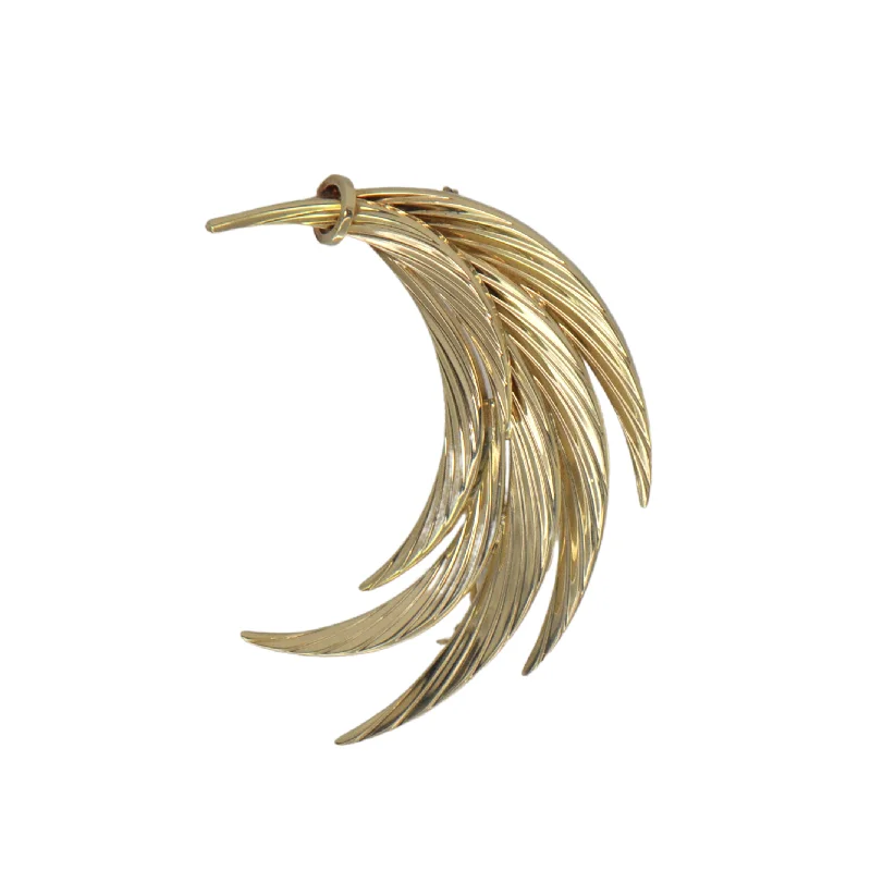 Etched design brooch-Vintage Birks 14k Gold Feather Brooch