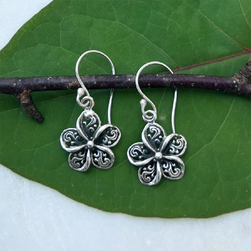 Silk fringe earrings-Filigree Flower Earrings - Sterling Silver, Indonesia