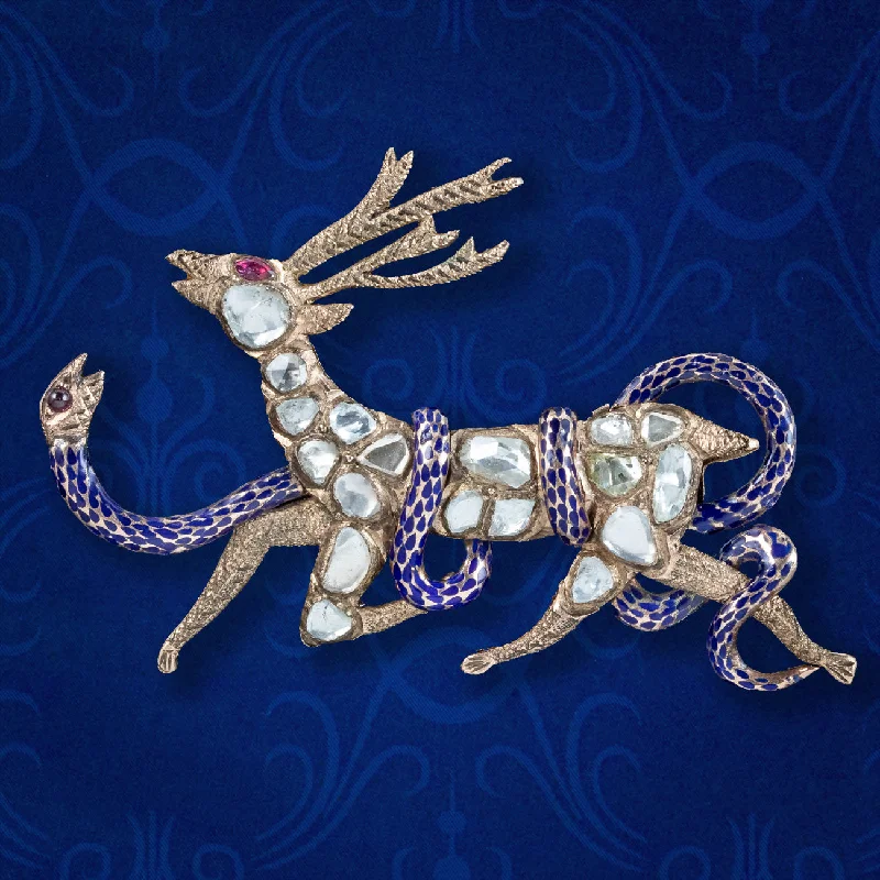 Wide bar brooch-Antique Victorian French Diamond Stag And Snake Brooch 9ct Gold