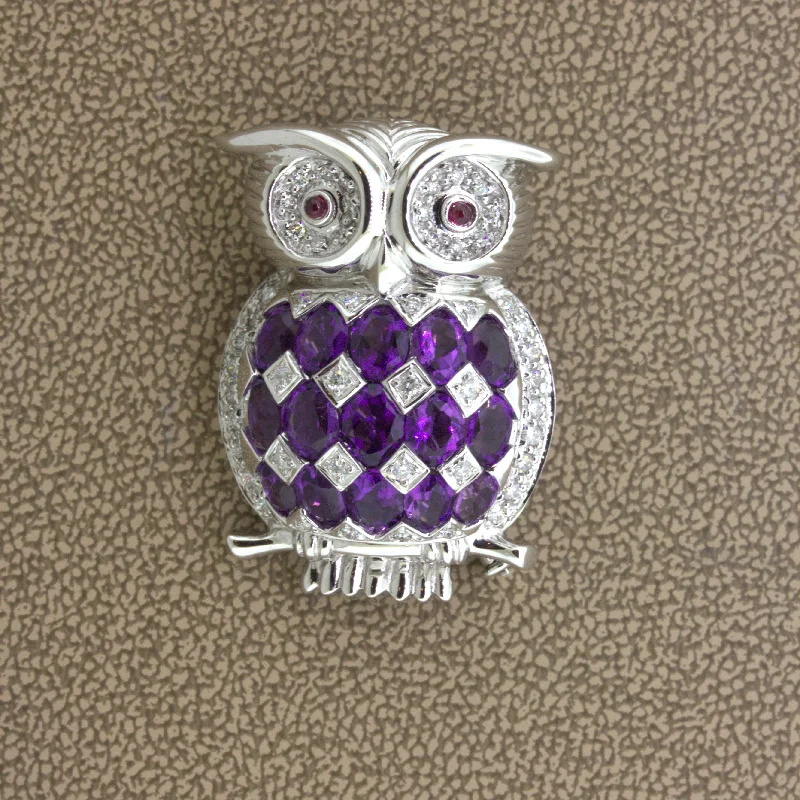 Mystic eye brooch-Amatheyst Diamond 18k White Gold Owl Pendant Brooch