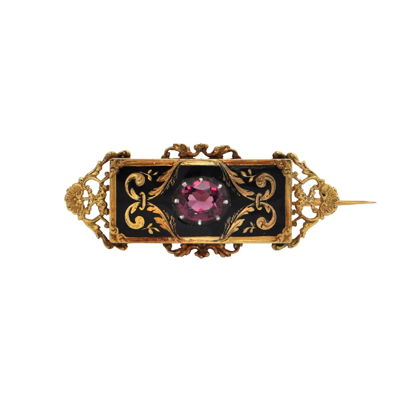 Pure crystal brooch-Antique Rhodolite Garnet and Enamel Gold Brooch