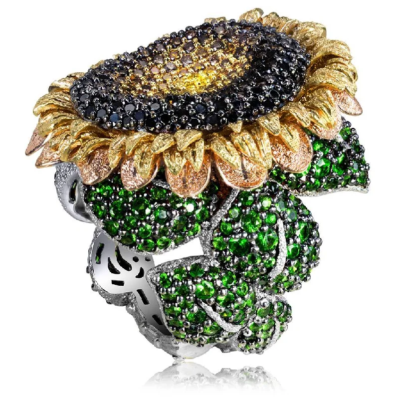 Pink stone rings-Gold Sunflower Ring with Color Diamonds