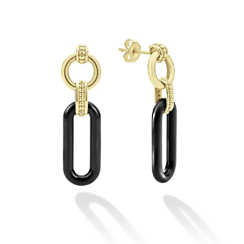 Bead braid earrings-Lagos 18k Gold and Black Ceramic Link Drop Earrings