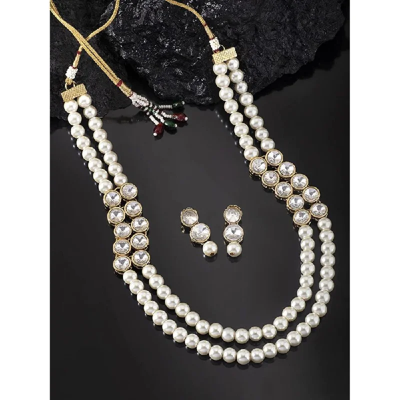 Cosmic charm necklaces-Etnico Gold Plated Traditional Stunning White Stone Studded Layered Pearl Necklace Jewellery Set with Earrings For Women and Girls (IJ365W)