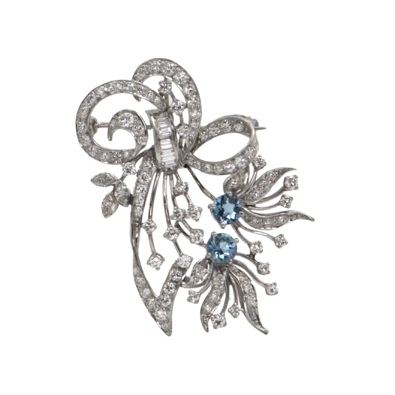 Quartz accent brooch-Estate Diamond and Aquamarine Platinum Brooch