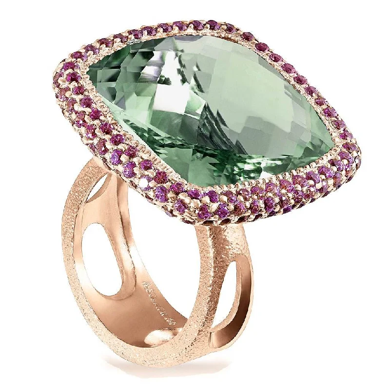 Sapphire inlay rings-Rose Gold Royal Ring with Green Amethyst & Garnet