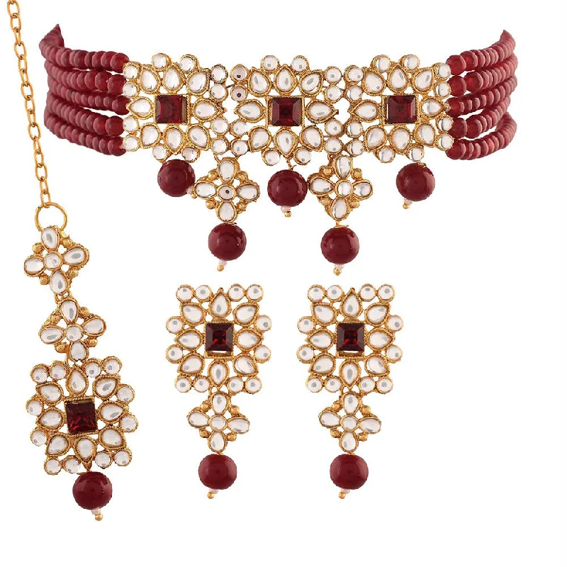 Bead weave necklaces-Etnico 18K Gold Plated Traditional Pearl & Kundan Studded Choker Necklace Jewellery Set with Earrings & Maang Tikka for Women (ML224M-1)