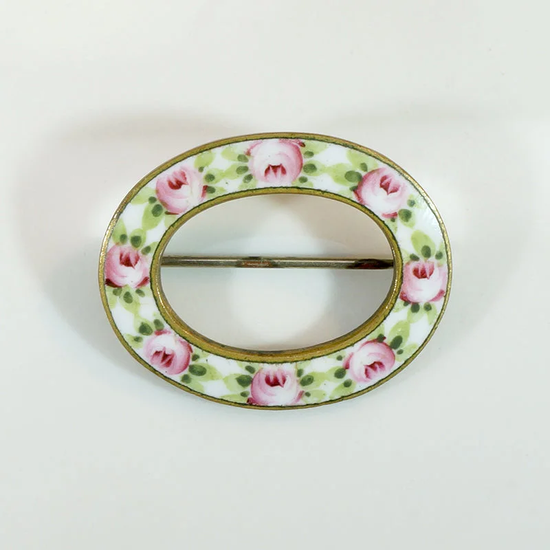 Light accent brooch-Pink & Green Rose Enameled Circle Brooch