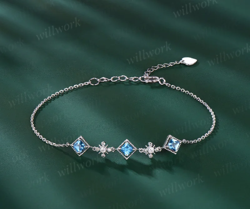 Tight clasp bangles-Milgrain Princess Cut Swiss blue topaz Bracelet Vintage 14k white Gold Five Stone Bracelet December Birthstone Bridal Bracelet