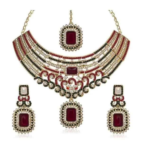 Glittering crystal necklaces-Kriaa Austrian Stone Gold Plated Necklace Set With Maang Tikka