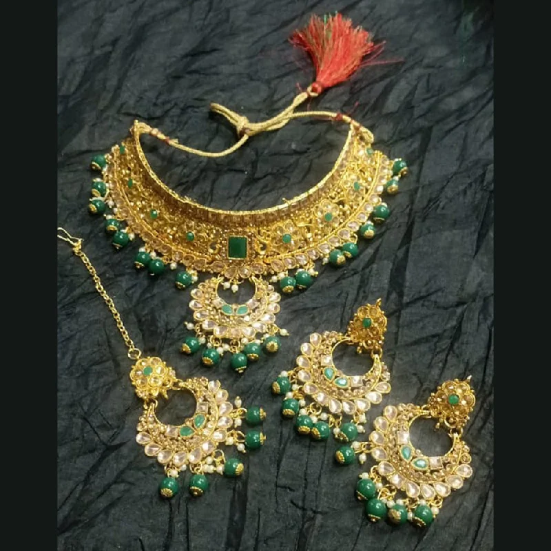 Crystal-twisted necklaces-Kumavat Jewels Gold Plated Kundan Stone And Beads Traditional Choker Necklace Set with Maang Tikka