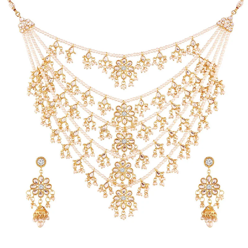 Onyx stone necklaces-Etnico 18K Gold Plated Multi Strand Floral Kundan & Pearl Beaded Necklace Jewellery Set (M4080W)