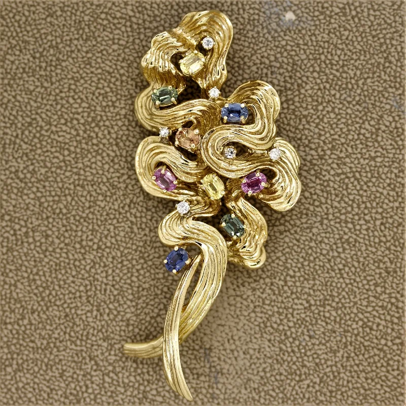 Surf motif brooch-Multi-Color Sapphire Diamond Gold Swirl Brooch