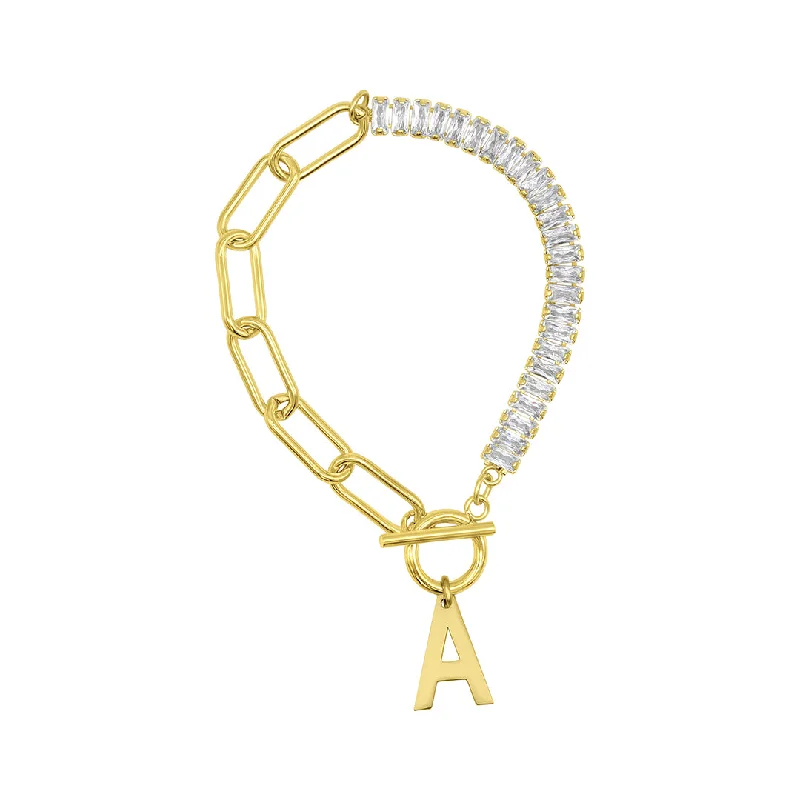 Pure link bangles-14k Gold Plated Half Crystal And Half Paperclip Initial Toggle Bracelet