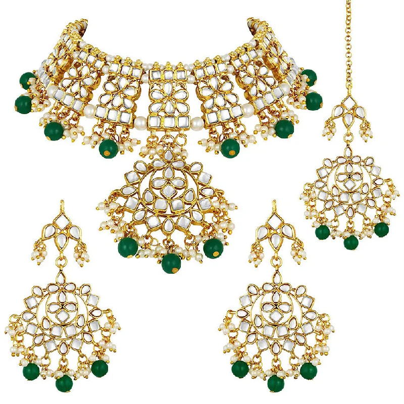 Polished bead necklaces-Etnico 18K Gold Plated Traditional Handcrafted Kundan & Pearl Studded Choker Necklace Jewellery Set With Earrings & Maang Tikka For Women (K7057G)