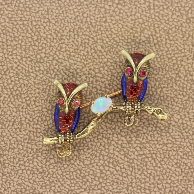 Moon motif brooch-Opal Ruby Enamel Owl Gold Pin-Brooch