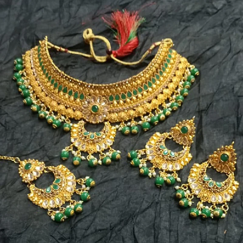 Ruby stone necklaces-Kumavat Jewels Gold Plated Kundan Stone And Beads Traditional Choker Necklace Set with Maang Tikka