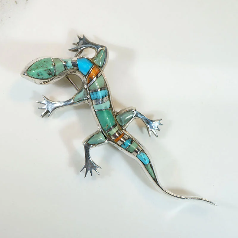 Spinel stone brooch-Wriggly Lizard Silver & Stone Inlay Brooch by D. Romero