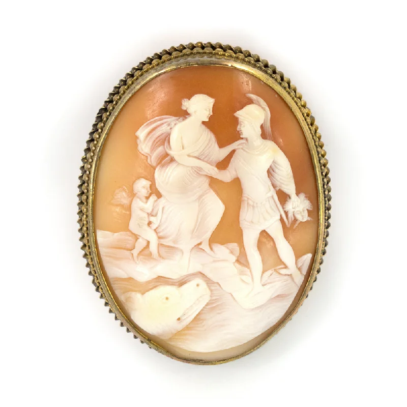 Agate inlay brooch-Vintage Shell Cameo 14k Gold Brooch of Perseus and Andromeda