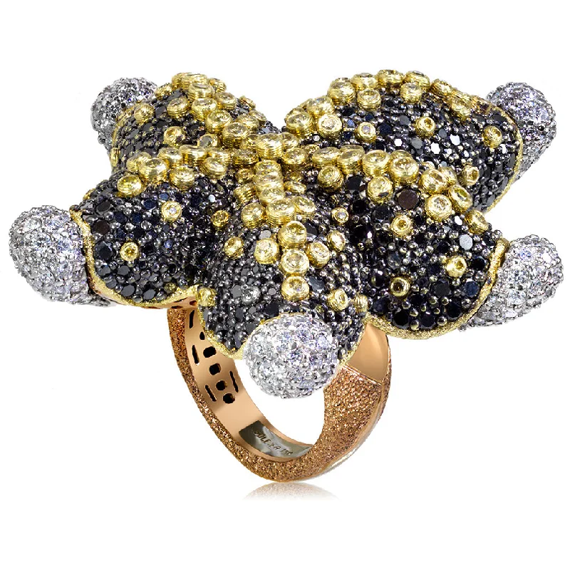 Flex open rings-Gold Starfish Ring with Black Diamonds and Sapphires