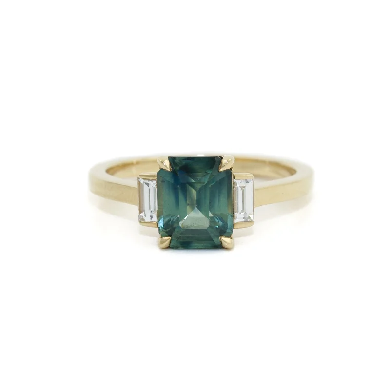 Thai style rings-14k Gold x Teal Madagascan Sapphire & Baguette Diamond Ring