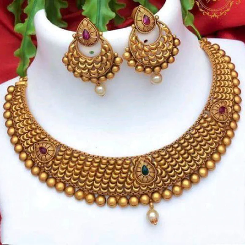 Drape-style necklaces-Sai Fashion Gold Plated Pink & Green Pota Stone Choker Necklace Set