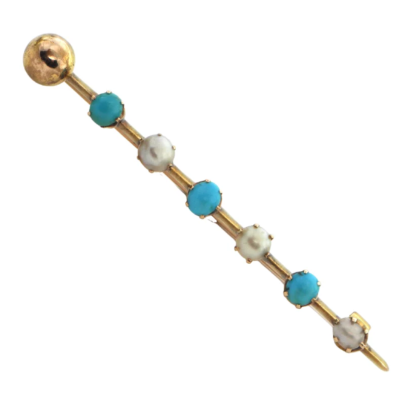 Light wood brooch-Antique Russian Pearl and Turquoise 14K Yellow Gold Bar Brooch (C.1861-1900)