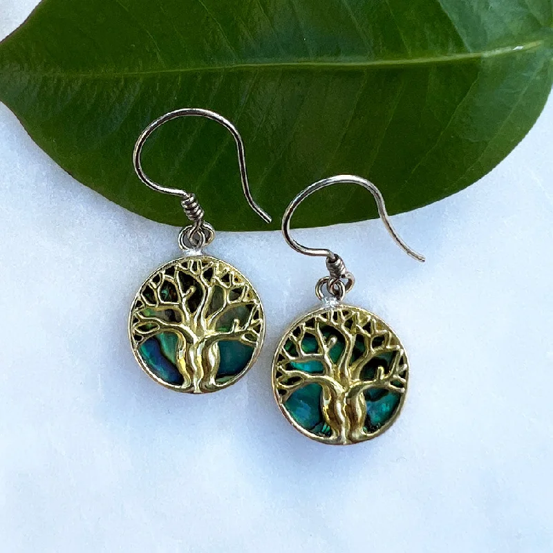 Bead braid earrings-Abalone Tree of Life Earrings - Brass, Indonesia