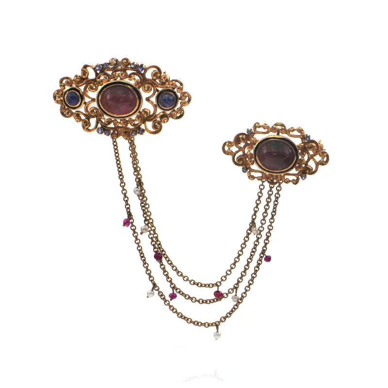 Alloy design brooch-Vintage Italian Rhodochrosite and Lapis Lazuli 18K Yellow Gold Brooch