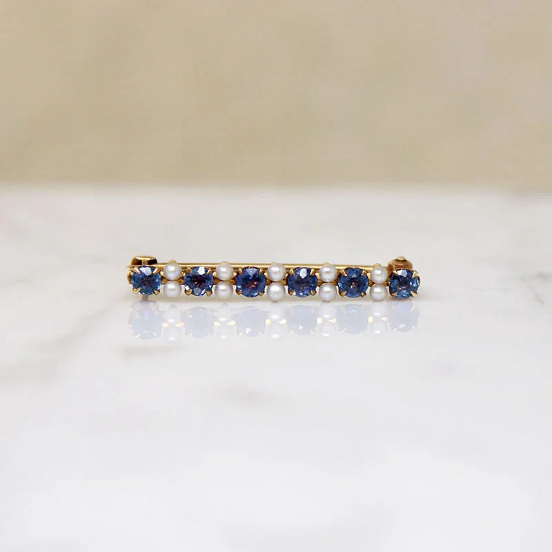 Topaz gem brooch-Cornflower Blue Sapphire & Pearl Edwardian Brooch