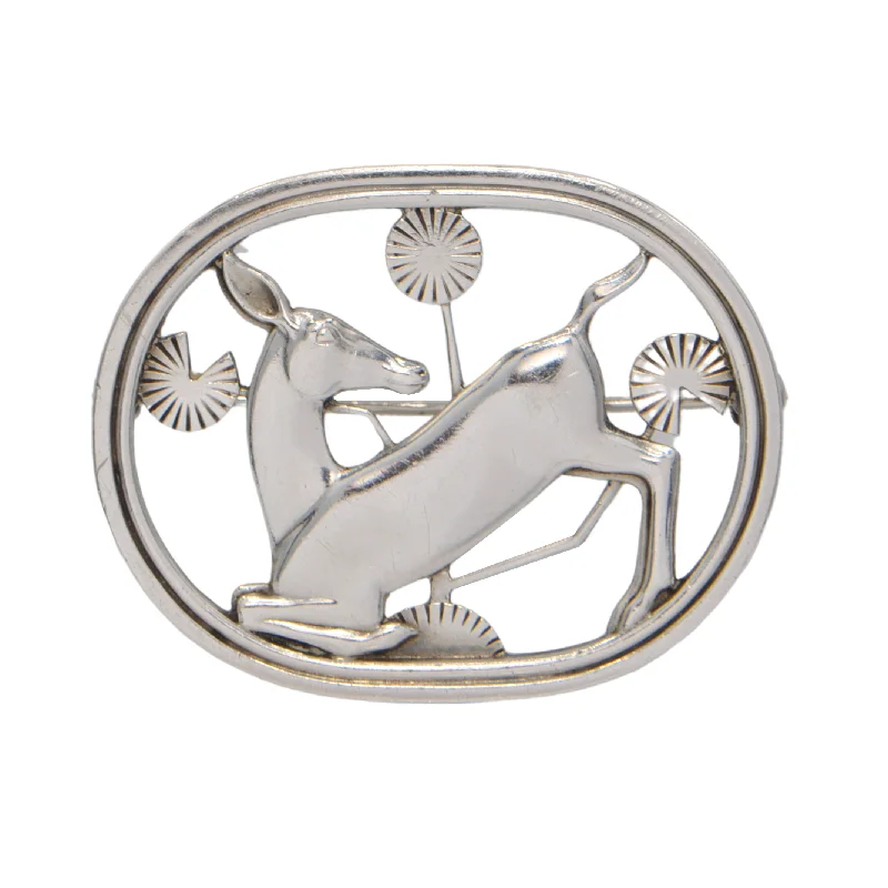 Matte finish brooch-Signed Georg Jensen Kneeling Deer #256 Sterling Silver Brooch Dated 1953