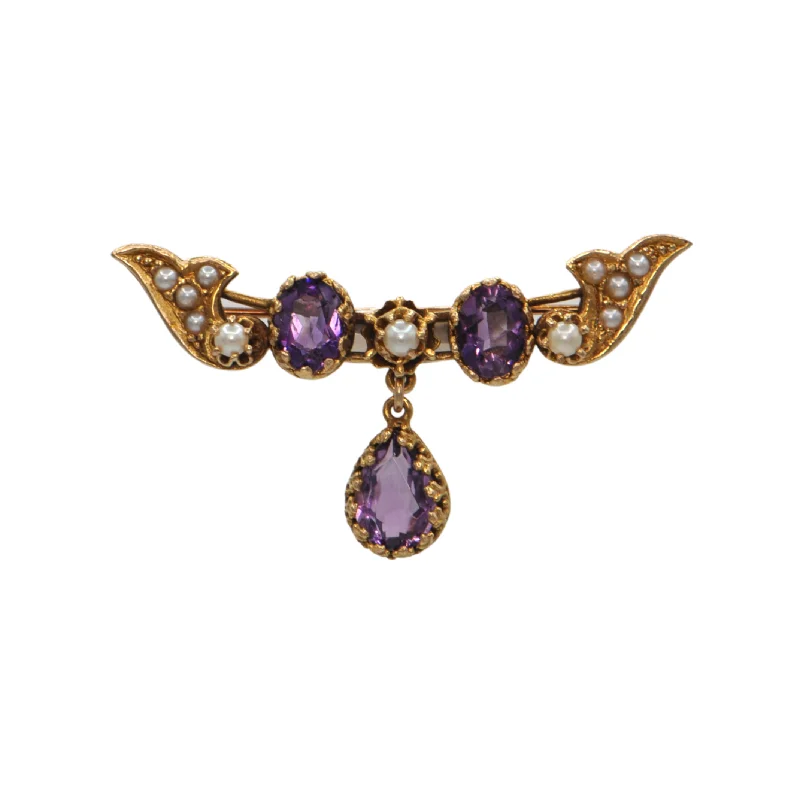 Sapphire accent brooch-Vintage Amethyst and Pearl 14K Gold Brooch