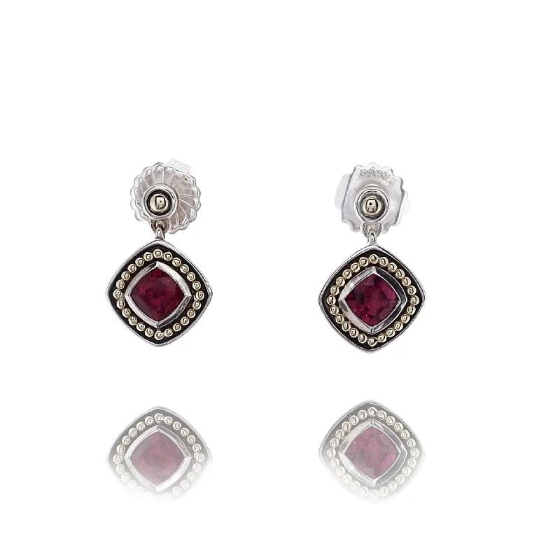 Pure gem earrings-Estate Lagos Sterling Silver 6mm Bezel Set Faceted Rhodolite Garnet Drop Earrings