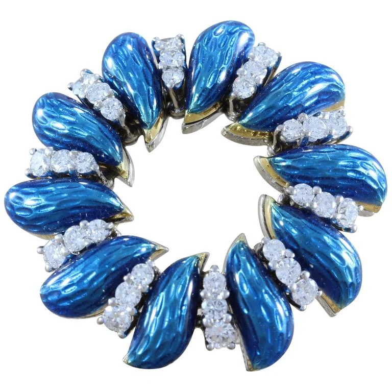 Fluid art brooch-Tiffany & Co. Italian Diamond Enamel Wreath Gold Brooch