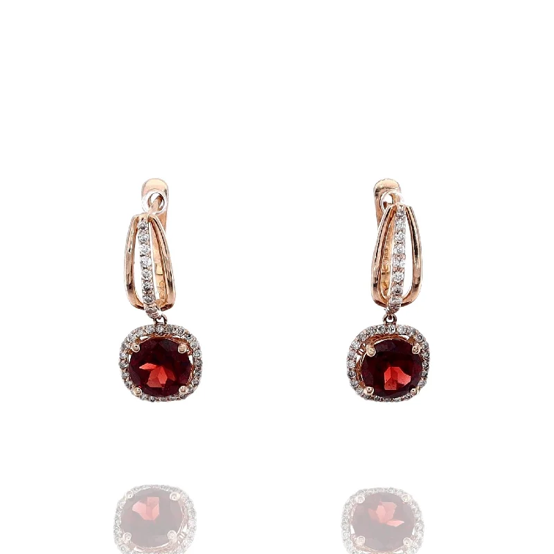 Spinel earrings-Estate 14k Rose Gold Round Garnet and Diamond Dangle Lever-back Earrings