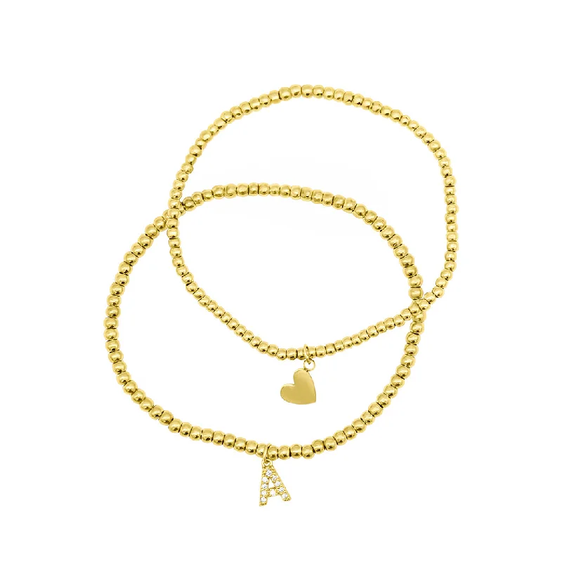 Vibrant enamel bangles-14k Gold Plated Stretch Bracelet Set With Mini Crystal Initial