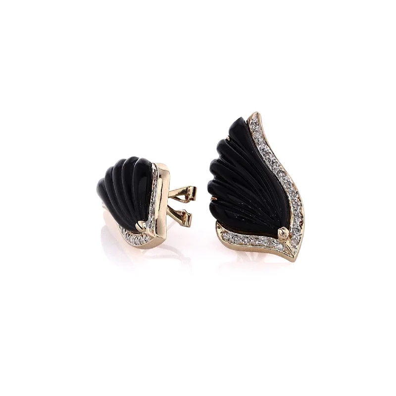 Wide hoop earrings-Estate 14 Karat Yellow Gold Diamond and Onyx Earrings