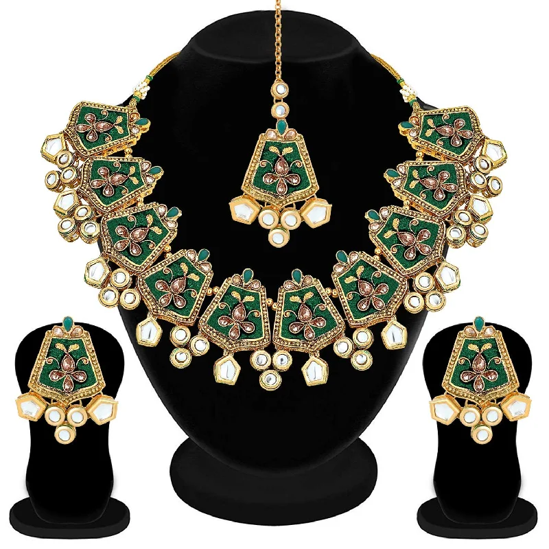 Cotton braid necklaces-Etnico 18K Gold Plated Kundan Studded Meenakari Bridal Choker Necklace Jewellery Set with Earrings & Maang Tikka for Women (ML134G)