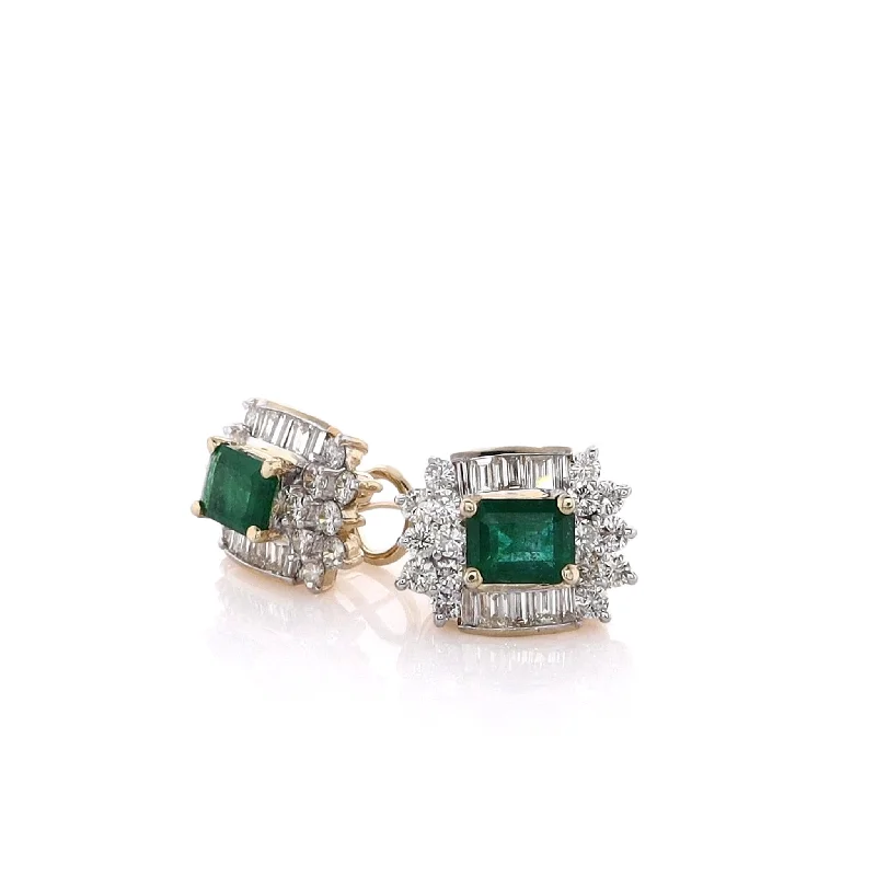 Trekker feather earrings-Estate 14 Karat Yellow Gold Emerald and Diamond Earrings