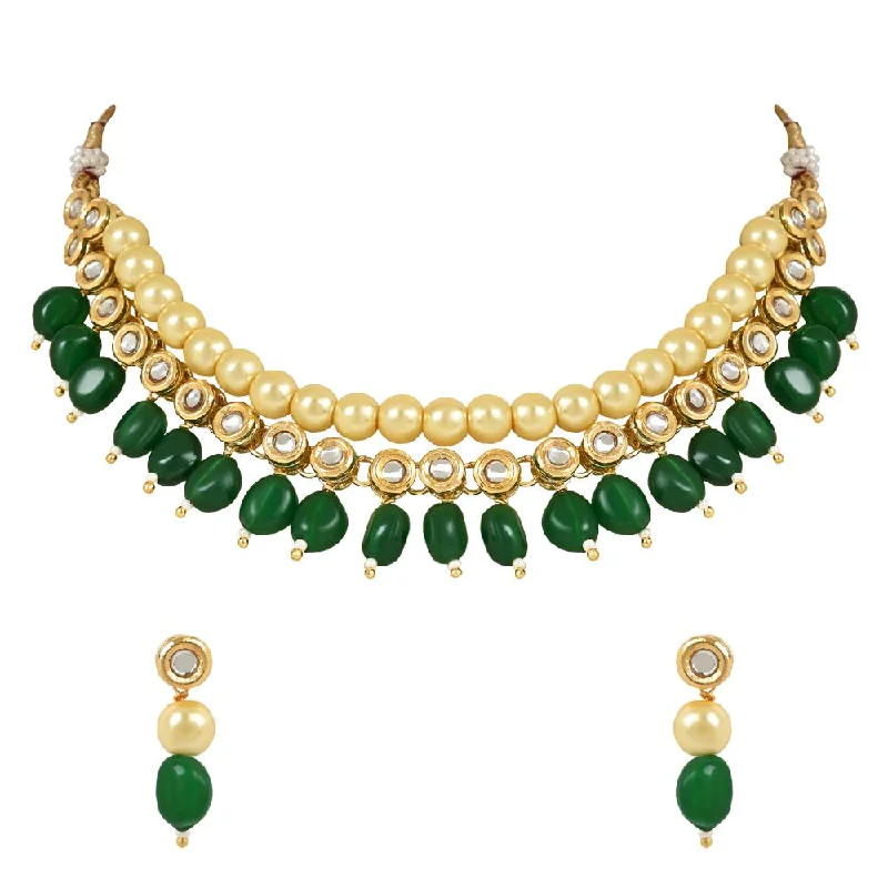 Linen cord necklaces-Etnico Gold Plated Traditional Kundan Studed Pearls Choker Necklace Jewellery Set with Earrings for Women and Girls (IJ372G)