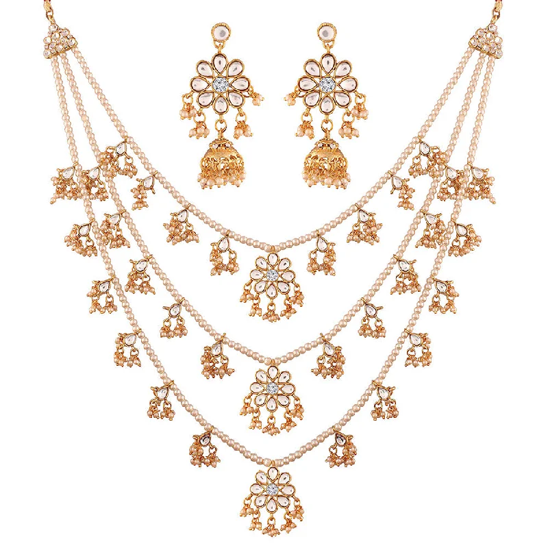 Low bar necklaces-Etnico 3 Layered Multi Strand Floral Kundan & Pearl Beaded Necklace For Women/ Girls (M4094W)