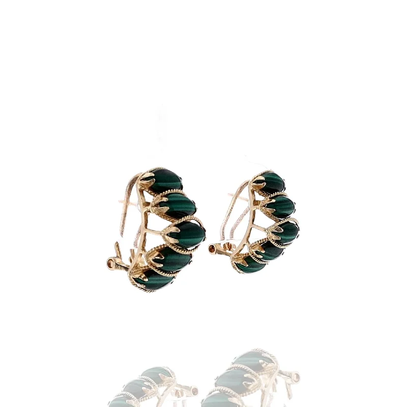 Pink gold earrings-Estate 18k Yellow Gold Marquise Malachite Pierced/Clip-On Earrings