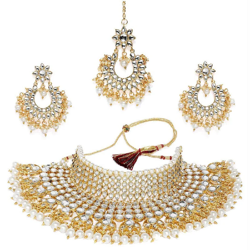 Sapphire gem necklaces-Etnico 18K Gold Plated Traditional Kundan & Pearl Studded Bridal Choker Necklace Jewellery Set for Women (K7085W)