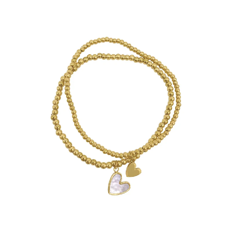 Drape-style bangles-Tarnish Resistant 14k Gold Plated Set of Heart Ball Bracelets with Mother of Pearl