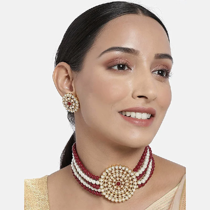 Daisy design necklaces-Etnico 18K Gold Plated Traditional Light Weight Pearl Beaded Choker Necklace Jewellery Set Glided With Moti Work (ML239MW1)