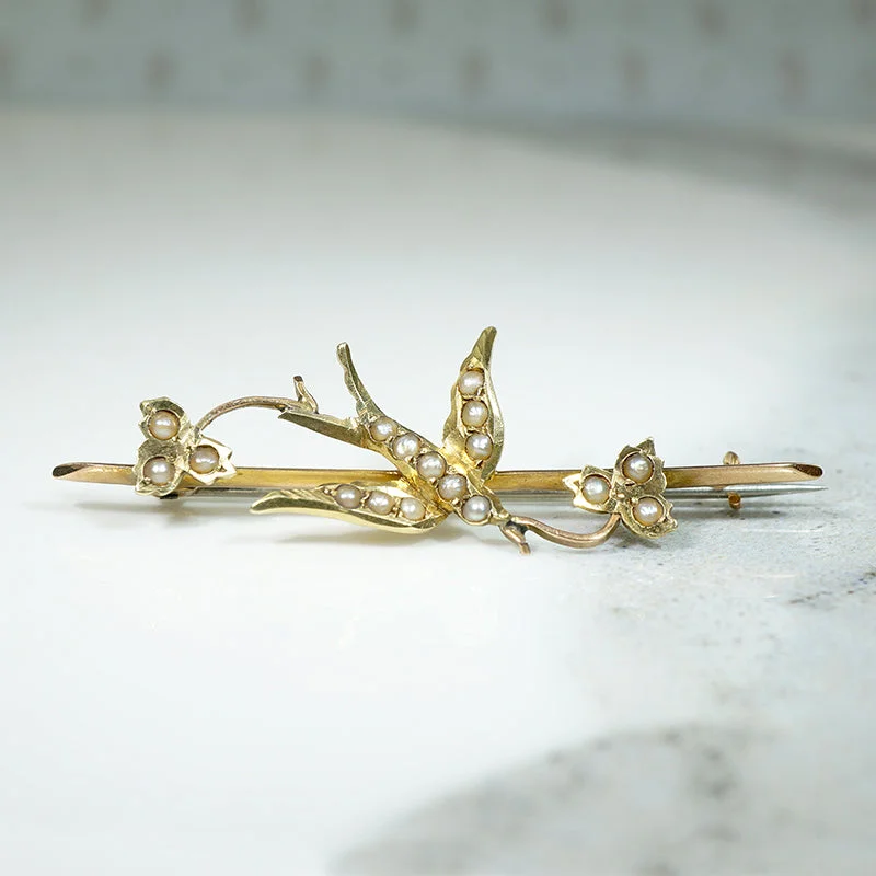 Elastic pin brooch-Sweet 15ct Gold & Pearl Swallow Brooch